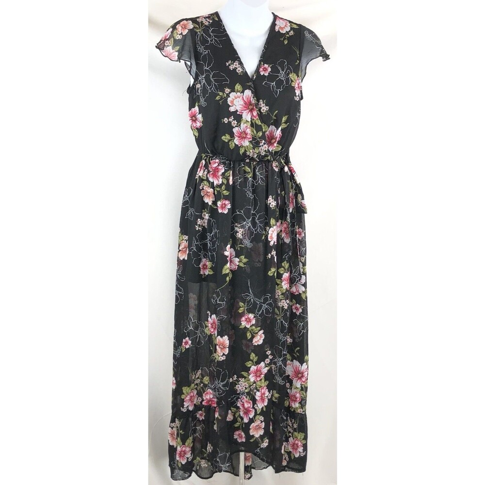 Flowy Chiffon Midi Dress XS Blk Floral Flutter Sleeve Ruffles Fairy Cottage